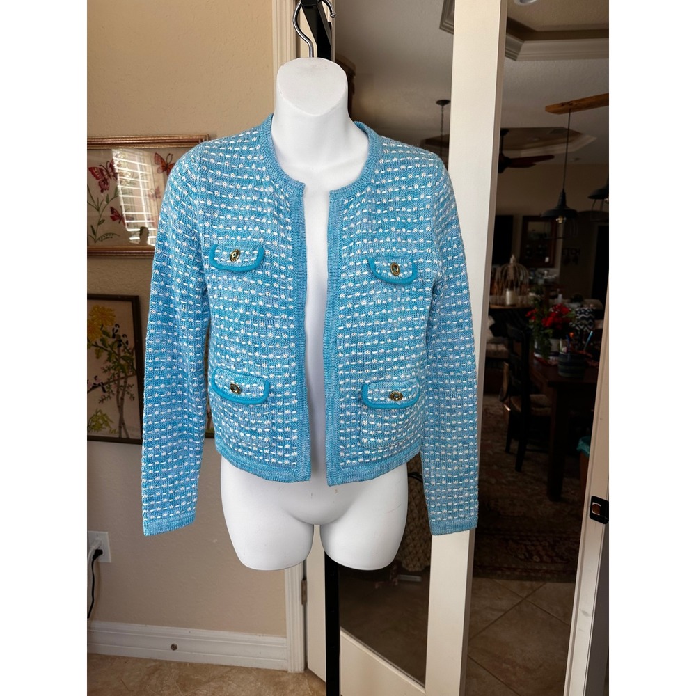Lilly Pulitzer NWOT Kienna Woven Knit Cardigan Cumulus Blue Metallic XSmall - Picture 5 of 16